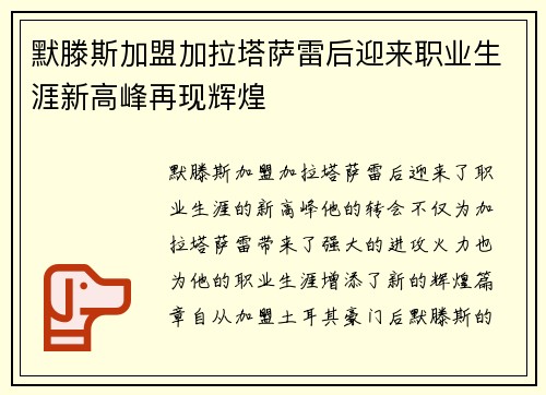 默滕斯加盟加拉塔萨雷后迎来职业生涯新高峰再现辉煌