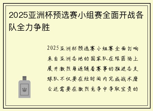 2025亚洲杯预选赛小组赛全面开战各队全力争胜