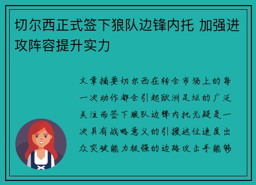 切尔西正式签下狼队边锋内托 加强进攻阵容提升实力